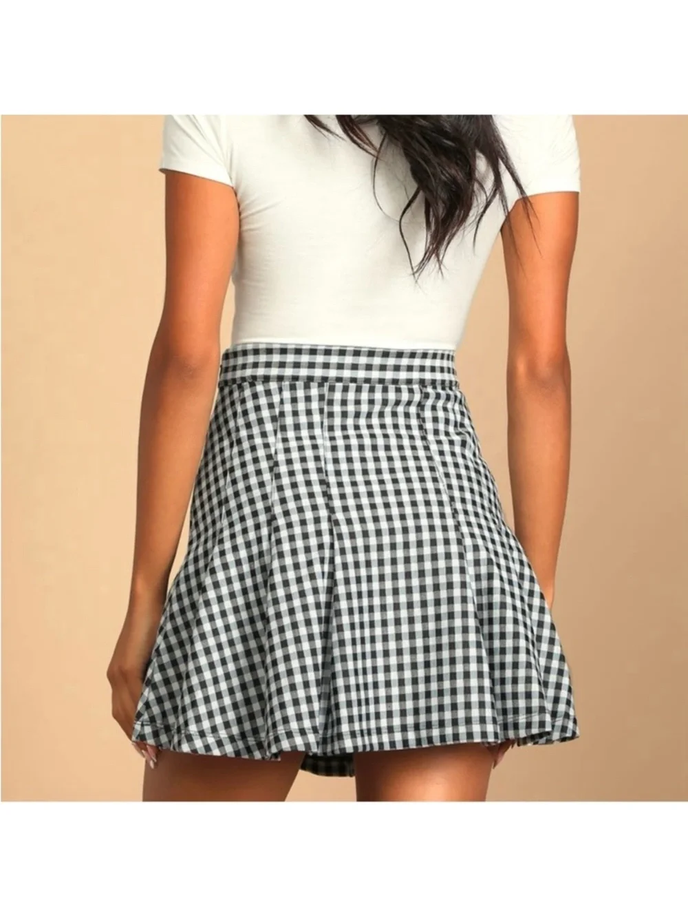 Free People Navy Blue & White Gingham Pleated Skater Mini Skirt Size 10